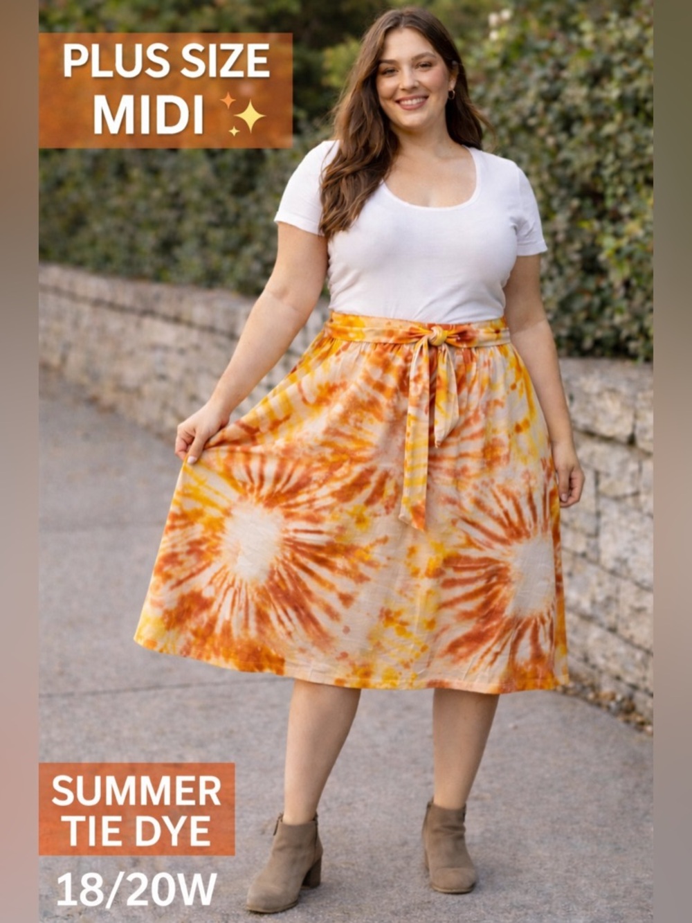 Cato Tie Dye Midi Skirt 18/20W Orange Yellow Boho Flowy Plus Size Elastic Waist